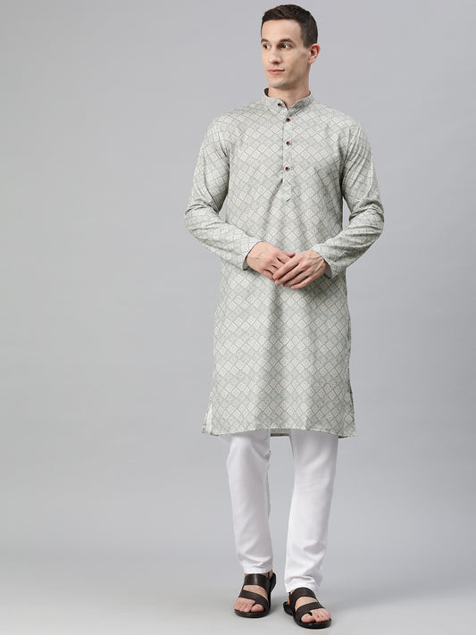 Luxrio Kurta for men Cotton Blend Long Printed Straight Fit White