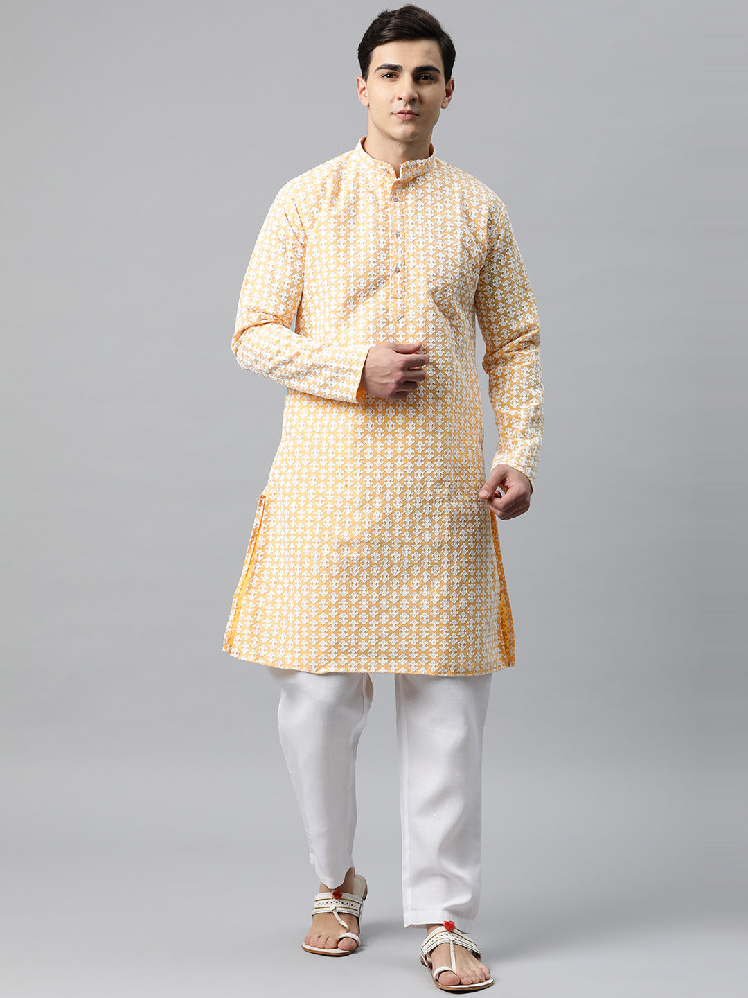 Luxrio Kurta for men Cotton Blend Long Printed Straight Fit Yellow