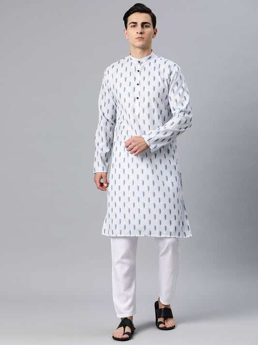 Luxrio Kurta for men Cotton Blend Long Printed Straight Fit White