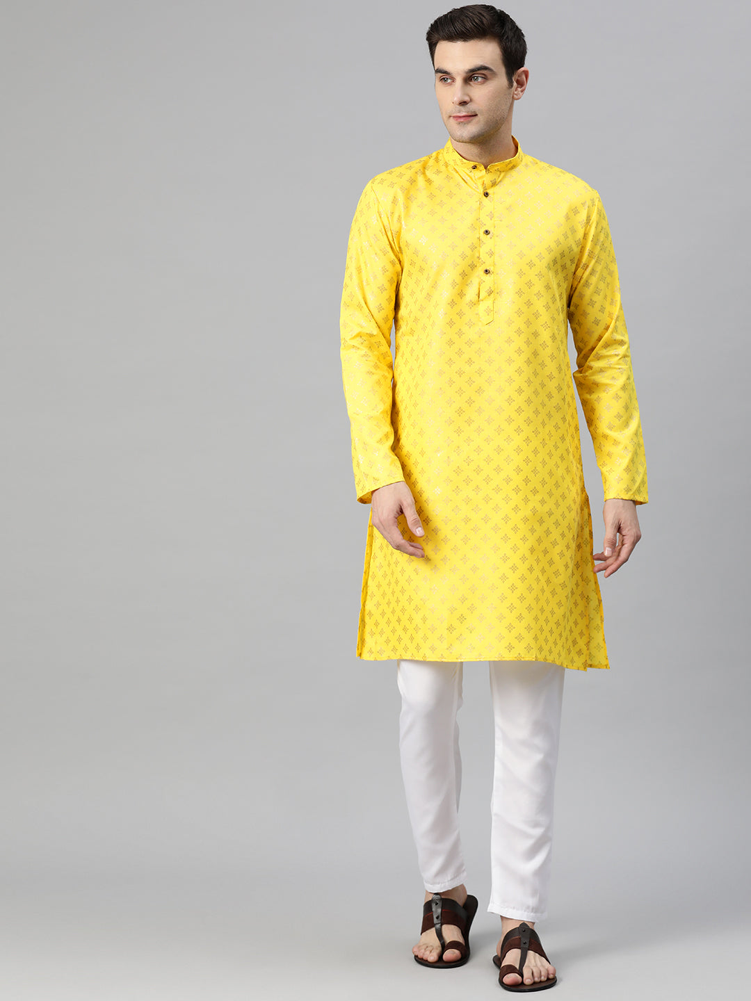 Luxrio Kurta for men Cotton Blend Long Printed Straight Fit Yellow