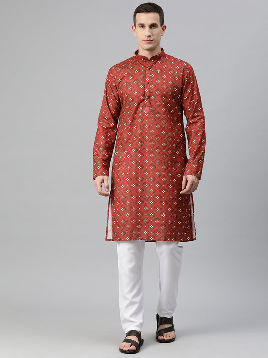 Luxrio Kurta for men Cotton Blend Long Printed Straight Fit Red