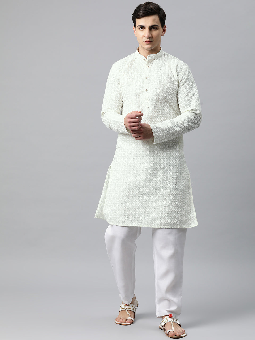 Luxrio Kurta for men Cotton Blend Long Printed Straight Fit White