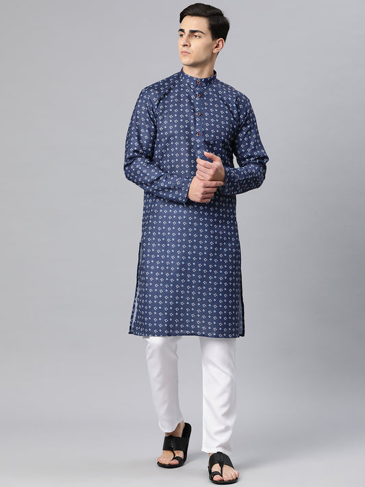 Luxrio Kurta for men Cotton Blend Long Printed Straight Fit Blue