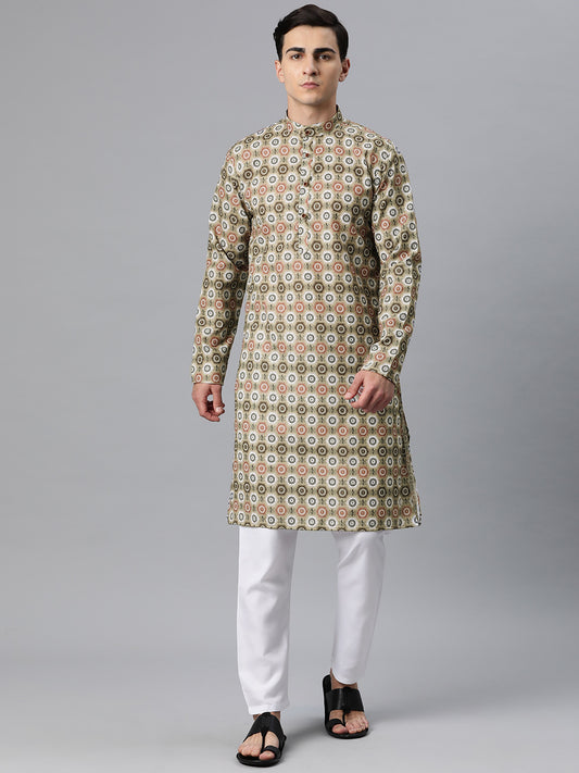 Luxrio Kurta for men Cotton Blend Long Printed Straight Fit White