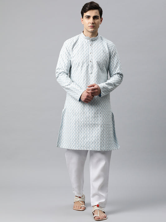 Luxrio Kurta for men Cotton Blend Long Printed Straight Fit Blue