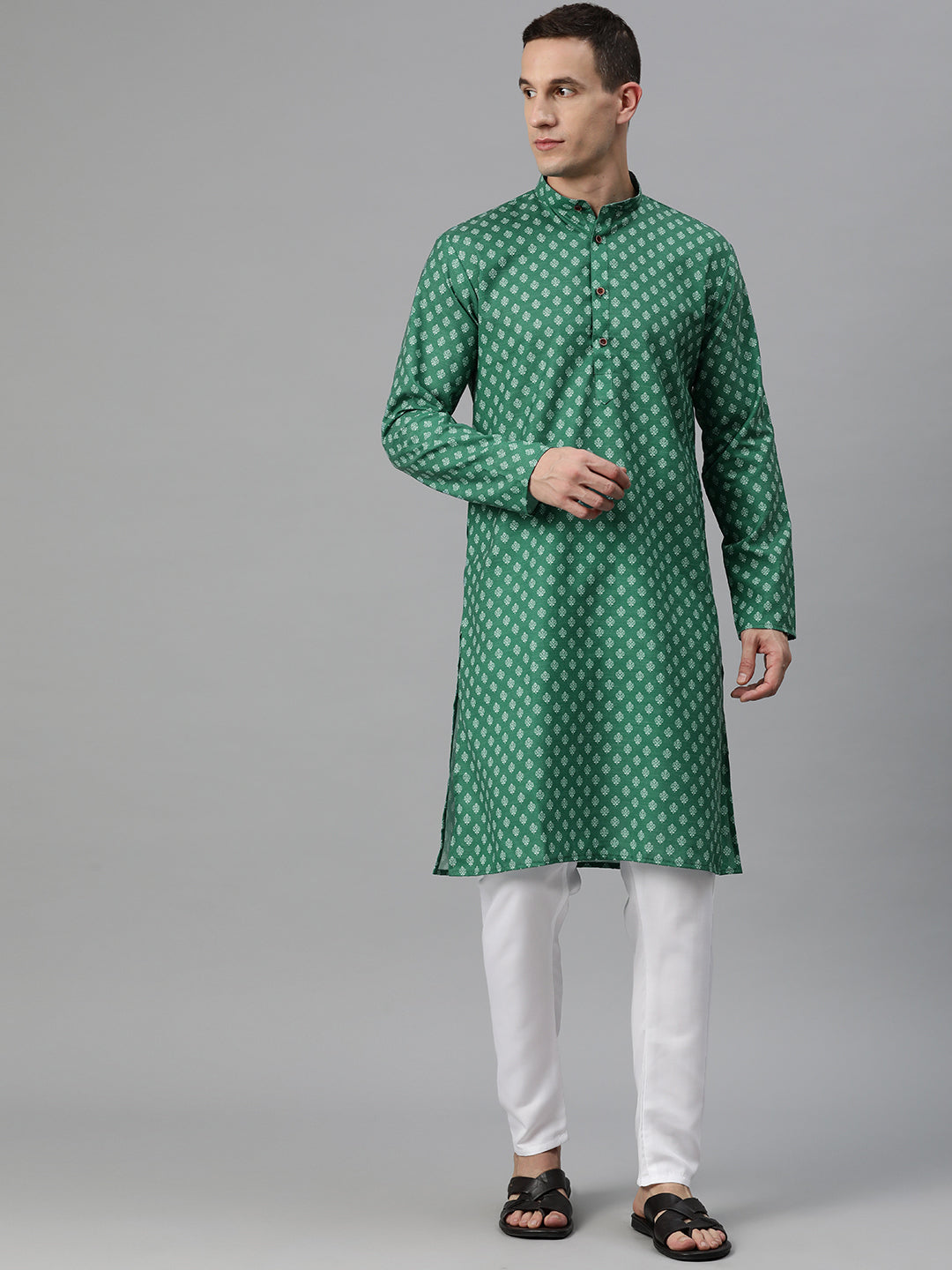 Luxrio Kurta for men Cotton Blend Long Printed Straight Fit Green