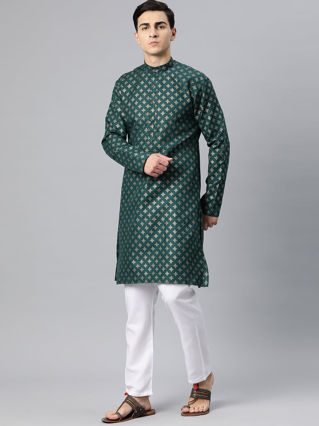 Luxrio Kurta for men Cotton Blend Long Printed Straight Fit Green