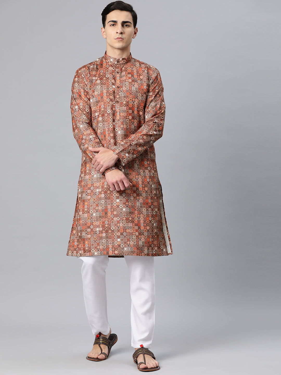 Luxrio Kurta for men Cotton Blend Long Printed Straight Fit White