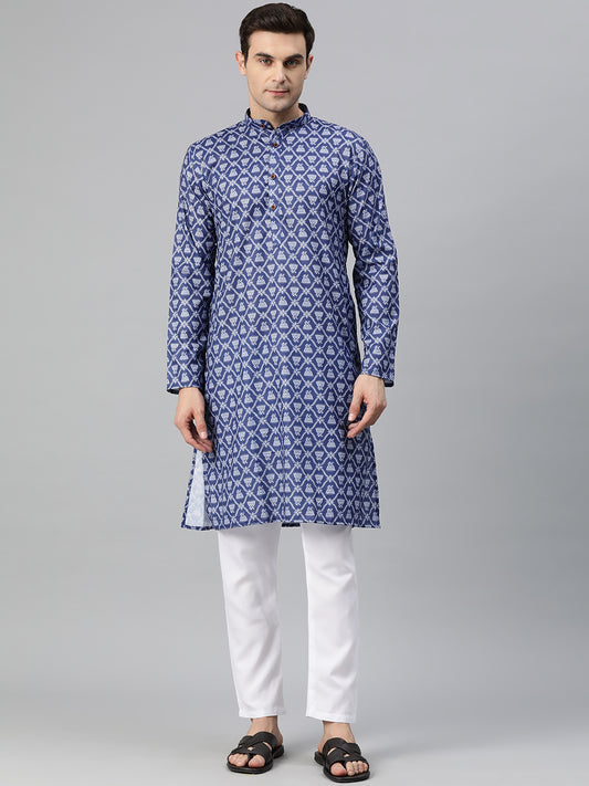 Luxrio Kurta for men Cotton Blend Long Printed Straight Fit Blue