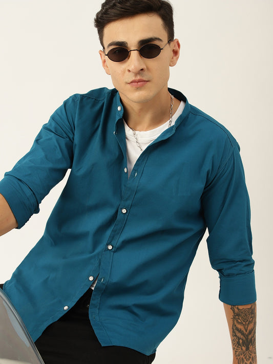 Luxrio Men's Solid Slim Fit Mandarin Collared Casual Shirt Blue