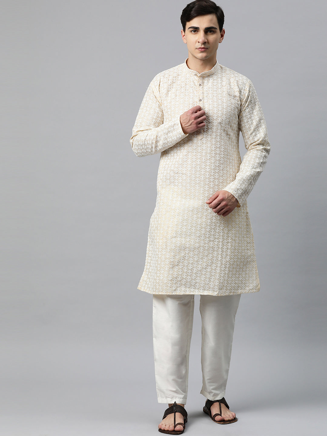 Luxrio Kurta for men Cotton Blend Long Printed Straight Fit White