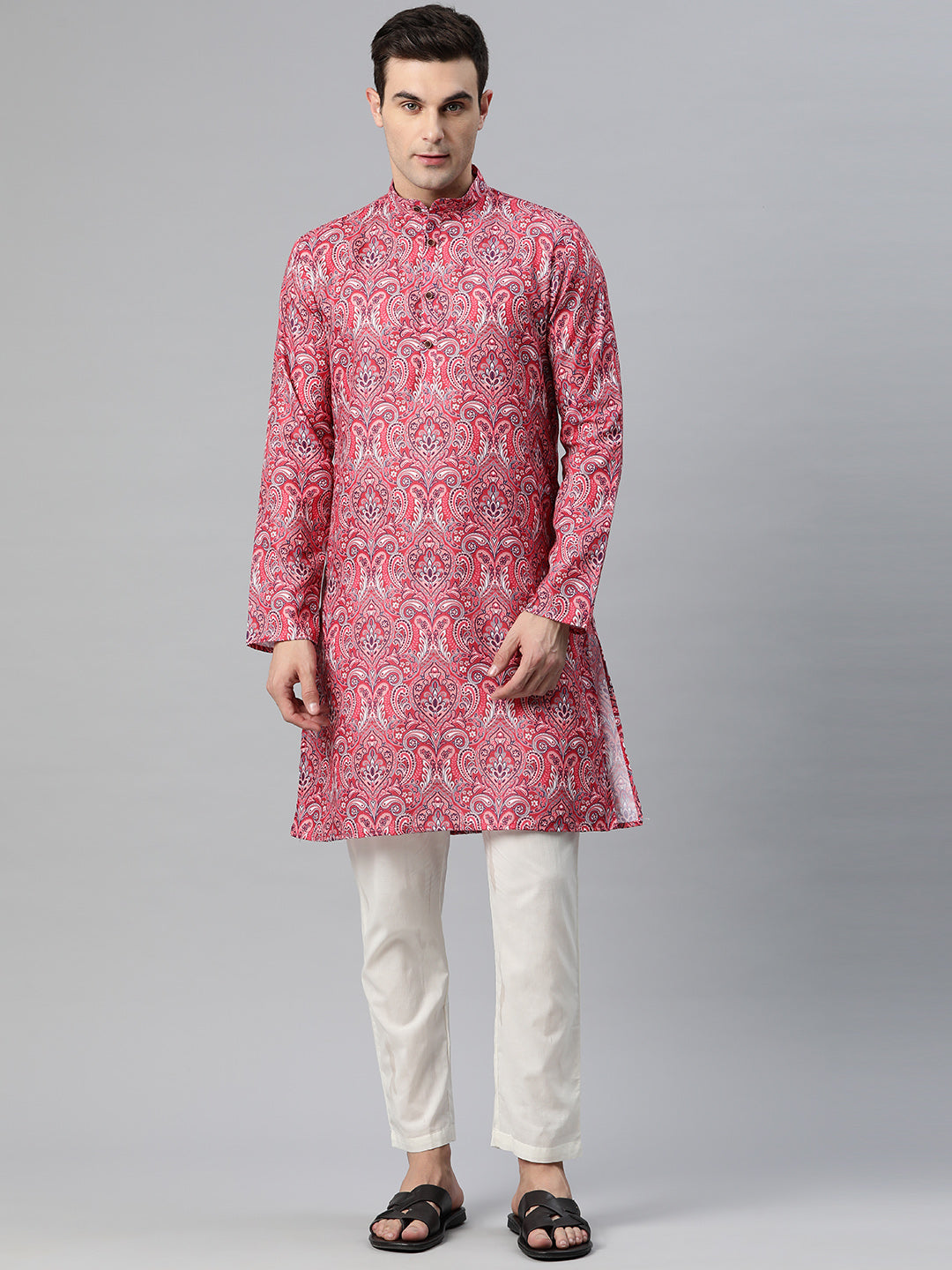 Luxrio Kurta for men Cotton Blend Long Printed Straight Fit Pink