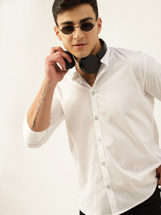 Luxrio Men's Solid Slim Fit Mandarin Collared Casual Shirt White