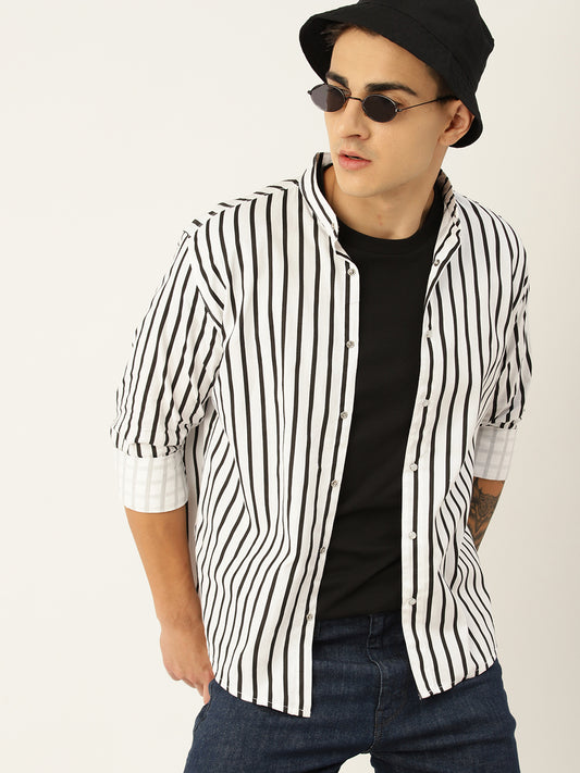 Luxrio Men's Stripped Mandarin Collared Full Sleeves Casual Shirt Black-White