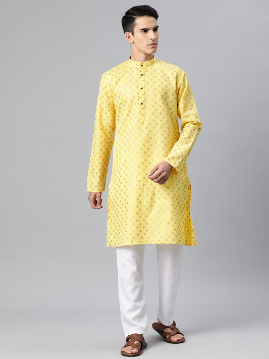 Luxrio Kurta for men Cotton Blend Long Printed Straight Fit Yellow