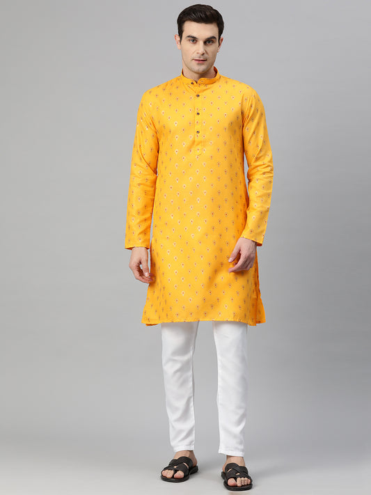 Luxrio Kurta for men Cotton Blend Long Printed Straight Fit Yellow