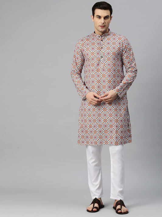 Luxrio Kurta for men Cotton Blend Long Printed Straight Fit White