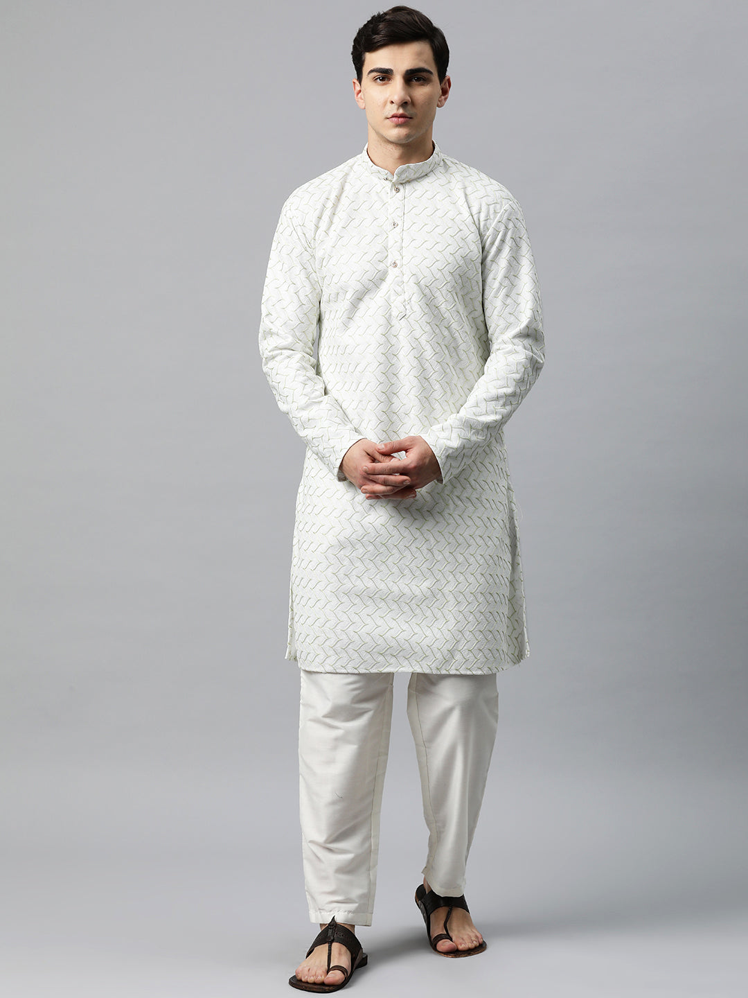 Luxrio Kurta for men Cotton Blend Long Printed Straight Fit White