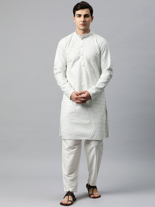 Luxrio Kurta for men Cotton Blend Long Printed Straight Fit White