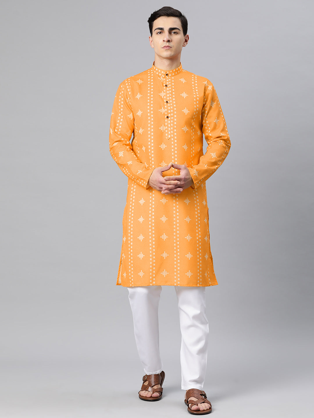 Luxrio Kurta for men Cotton Blend Long Printed Straight Fit Orange