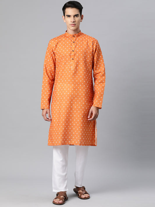 Luxrio Kurta for men Cotton Blend Long Printed Straight Fit Orange