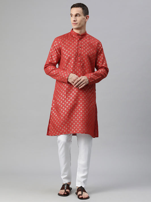 Luxrio Kurta for men Cotton Blend Long Printed Straight Fit Red