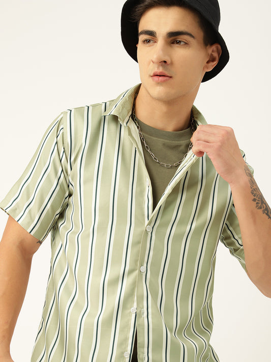Luxrio Men's Stripped Half Sleeves Casual Shirt Green