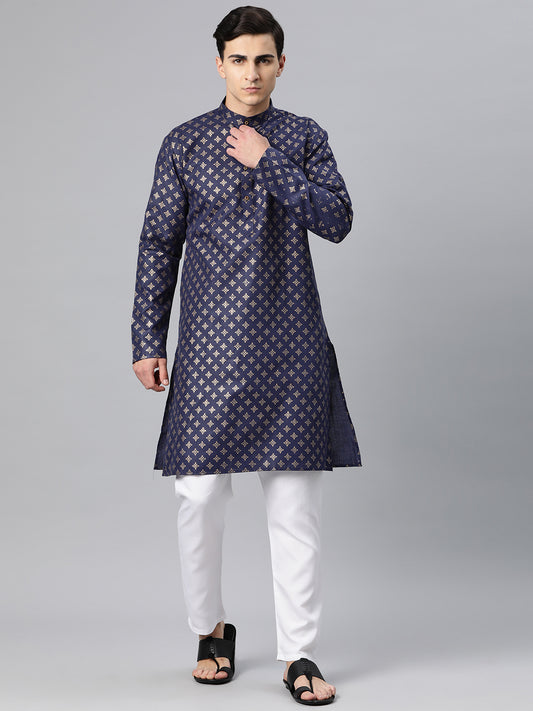 Luxrio Kurta for men Cotton Blend Long Printed Straight Fit Blue