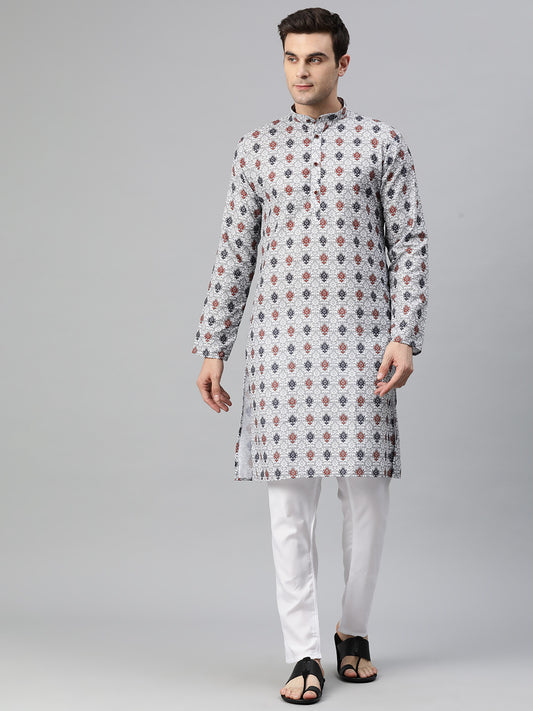 Luxrio Kurta for men Cotton Blend Long Printed Straight Fit White