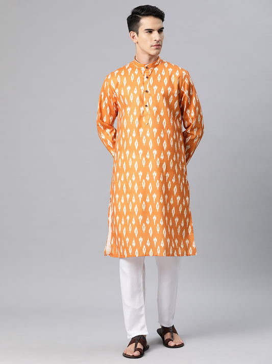 Luxrio Kurta for men Cotton Blend Long Printed Straight Fit Orange