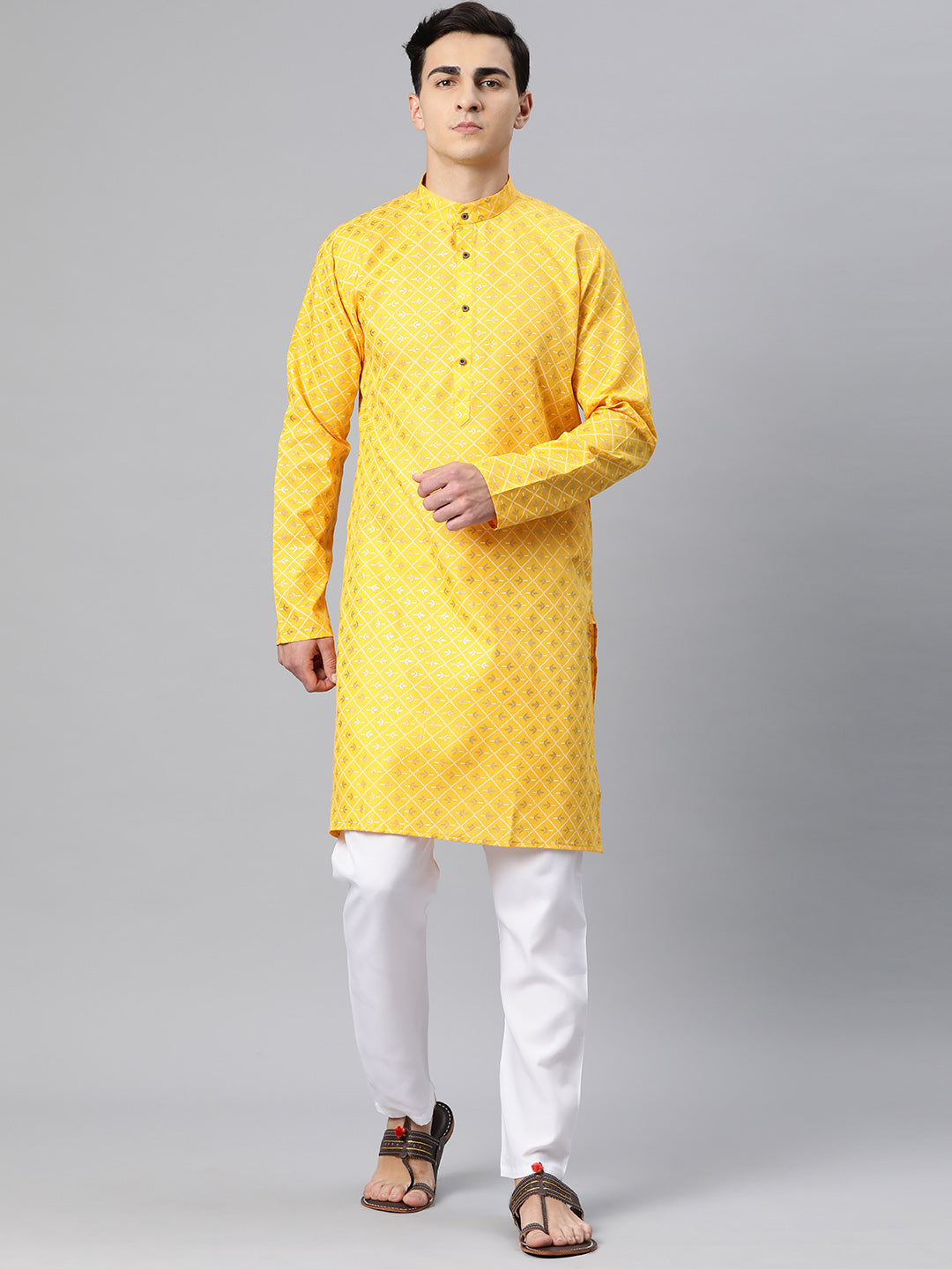 Luxrio Kurta for men Cotton Blend Long Printed Straight Fit  Yellow