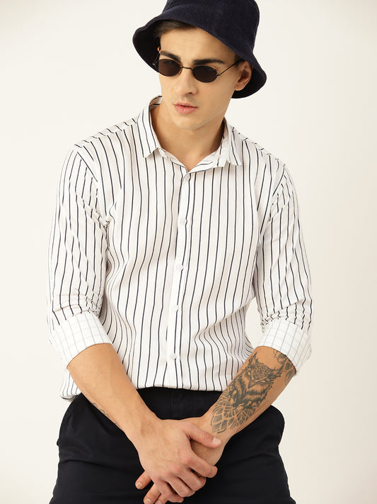 Luxrio Men's Stripped Full Sleeves Casual Shirt White