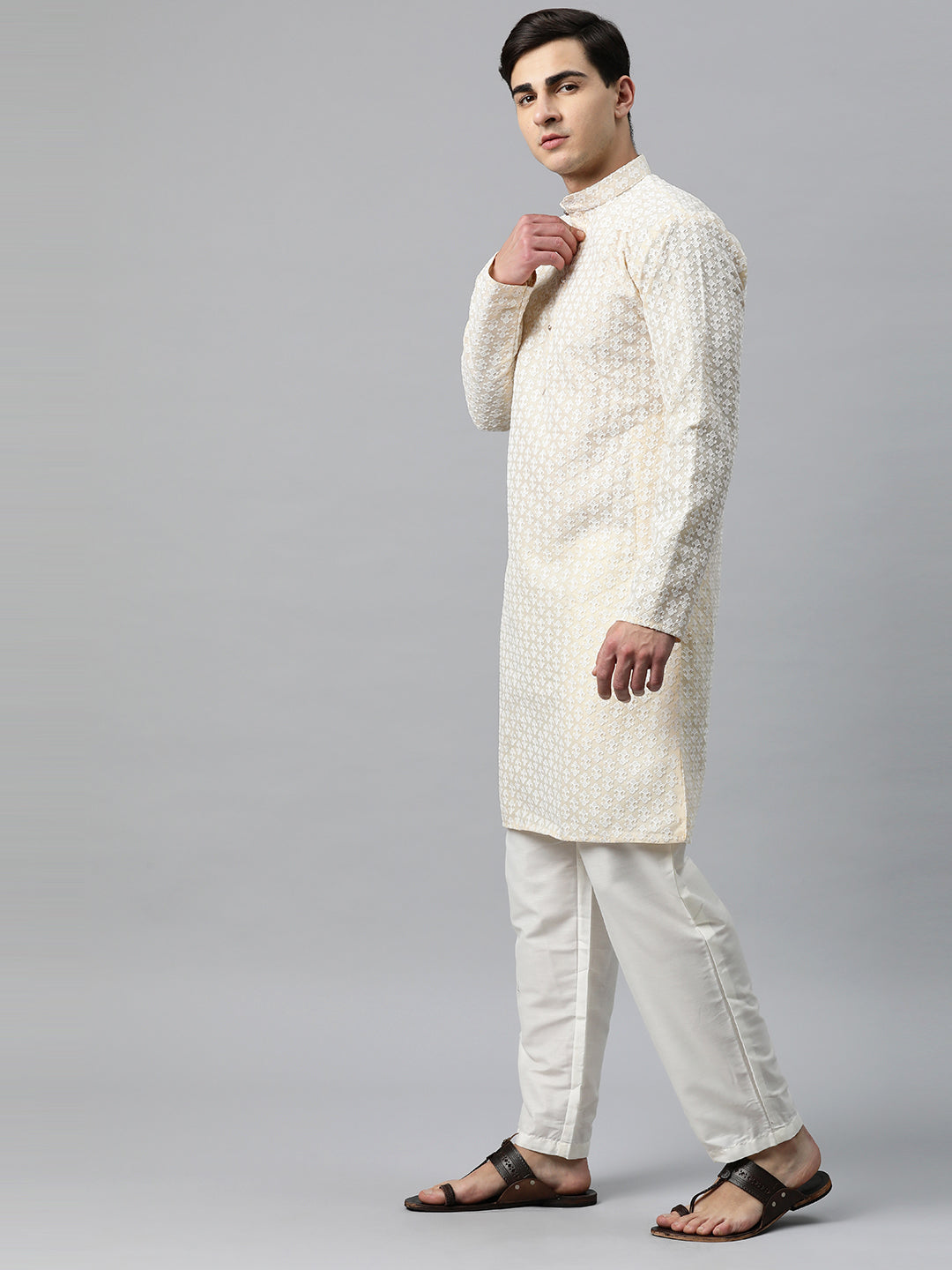 Luxrio Kurta for men Cotton Blend Long Printed Straight Fit White