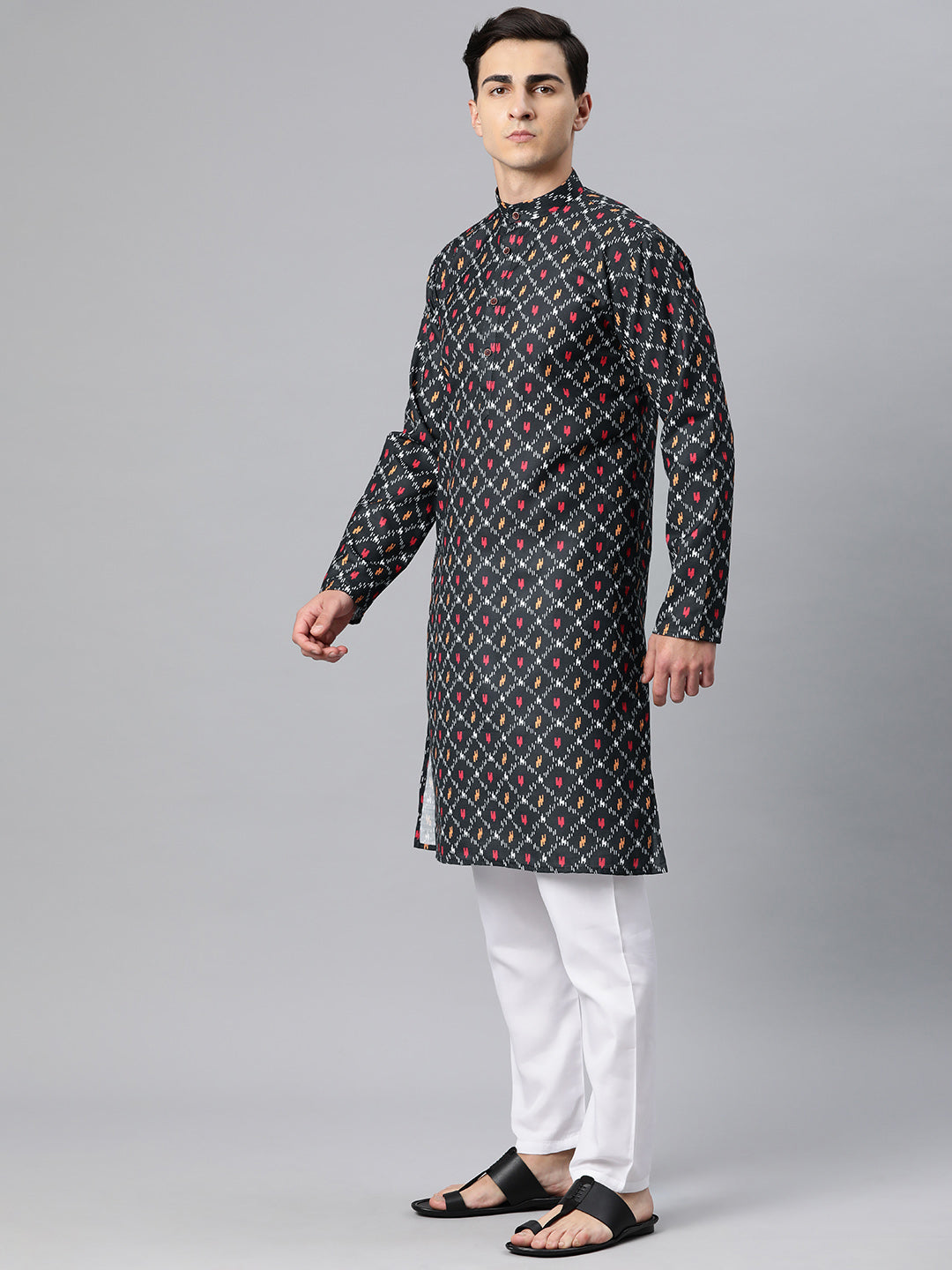 Luxrio Kurta for men Cotton Blend Long Printed Straight Fit Black