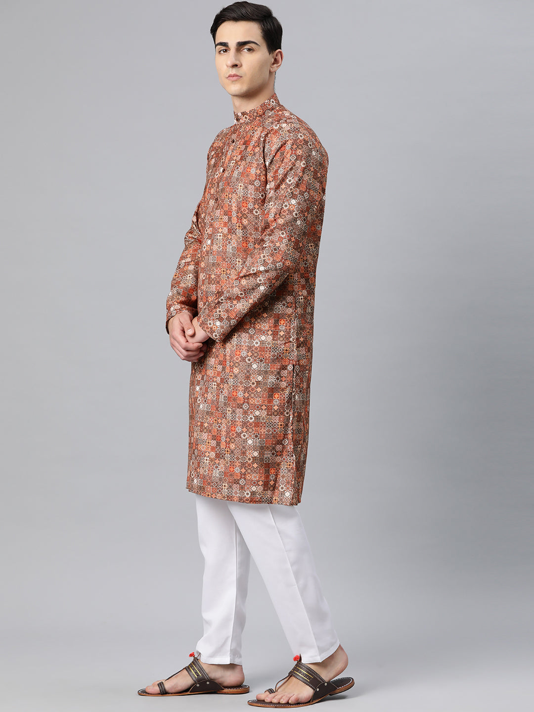 Luxrio Kurta for men Cotton Blend Long Printed Straight Fit White