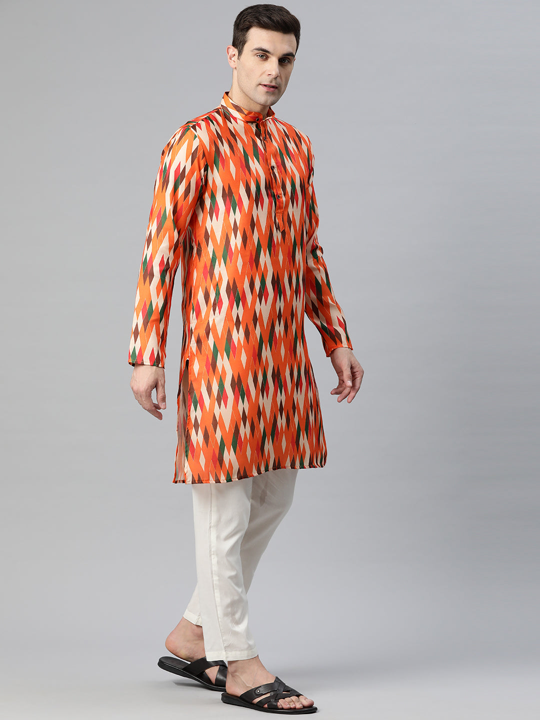 Luxrio Kurta for men Cotton Blend Long Printed Straight Fit orange