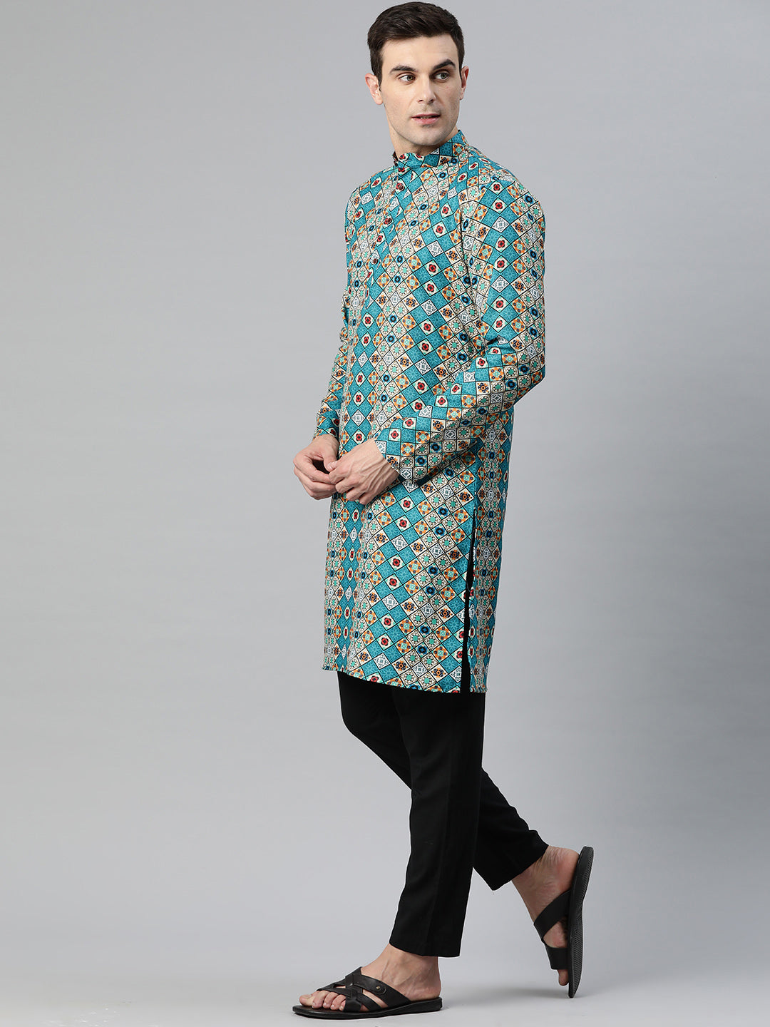 Luxrio Kurta for men Cotton Blend Long Printed Straight Fit Blue