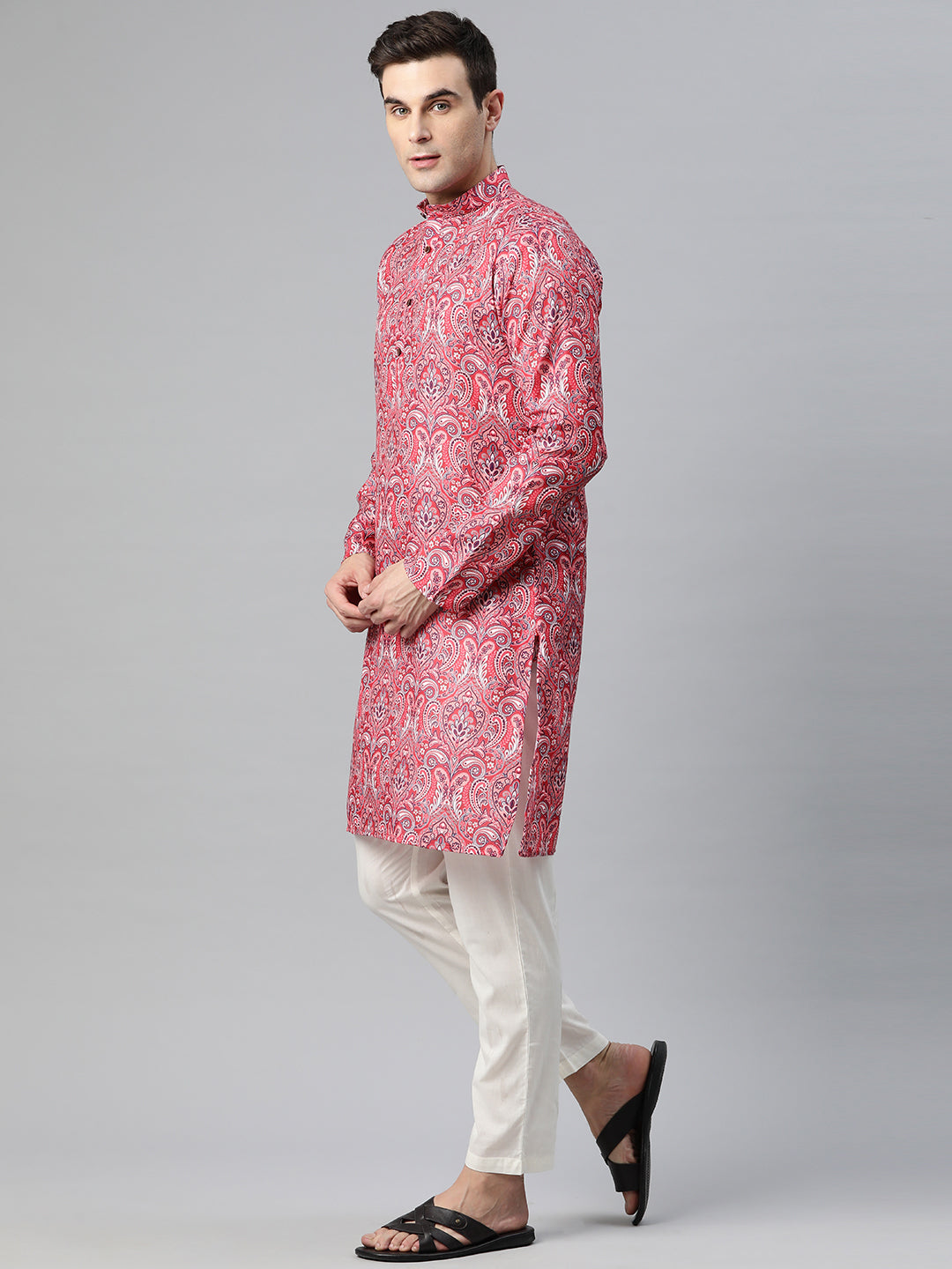 Luxrio Kurta for men Cotton Blend Long Printed Straight Fit Pink