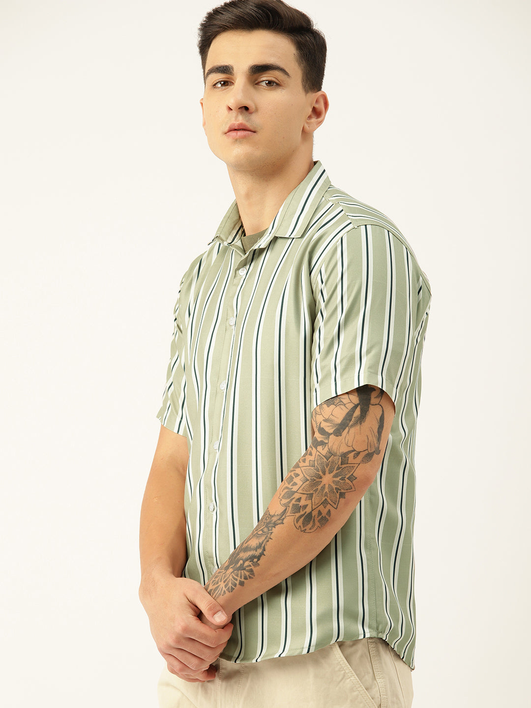 Luxrio Men's Stripped Half Sleeves Casual Shirt Green
