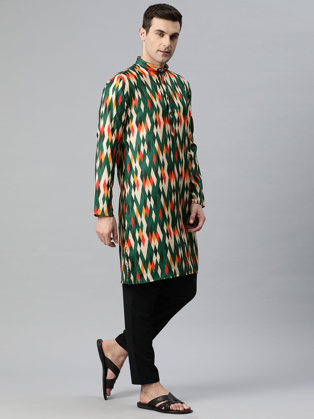 Luxrio Kurta for men Cotton Blend Long Printed Straight Fit Green