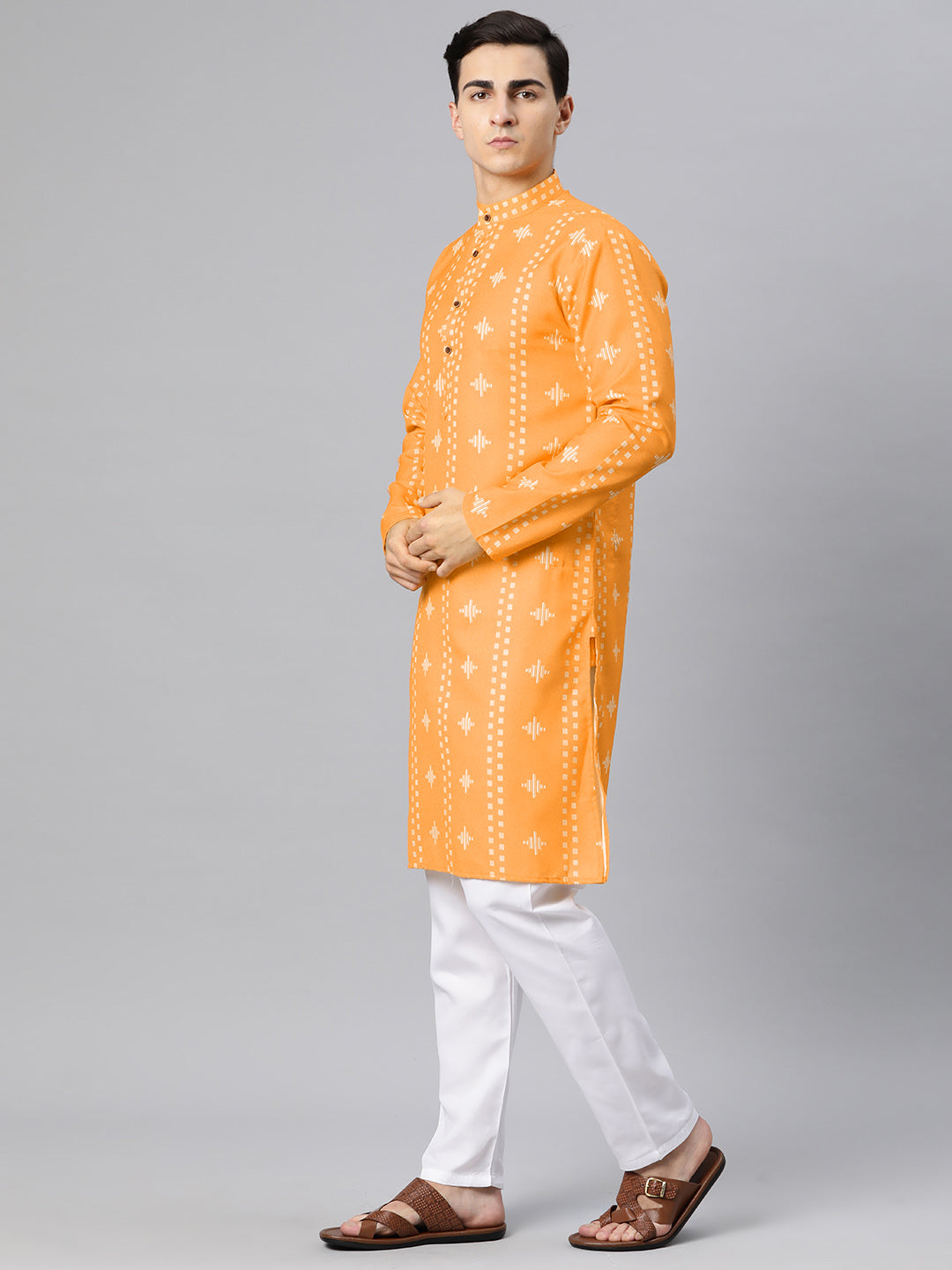 Luxrio Kurta for men Cotton Blend Long Printed Straight Fit Orange