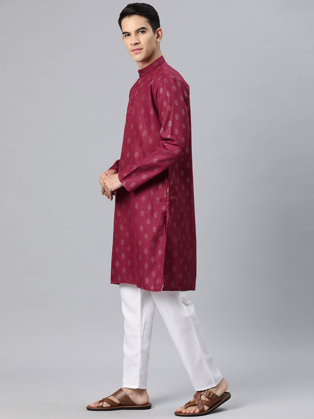 Luxrio Kurta for men Cotton Blend Long Printed Straight Fit Maroon