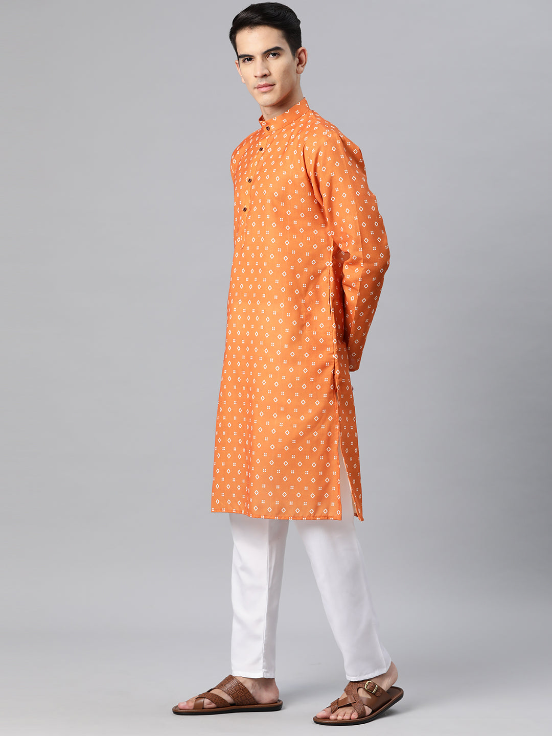 Luxrio Kurta for men Cotton Blend Long Printed Straight Fit Orange