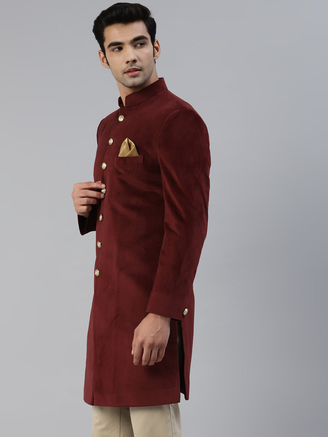 Luxrio Sherwani Velvet Suede for men Maroon  for party and wedding