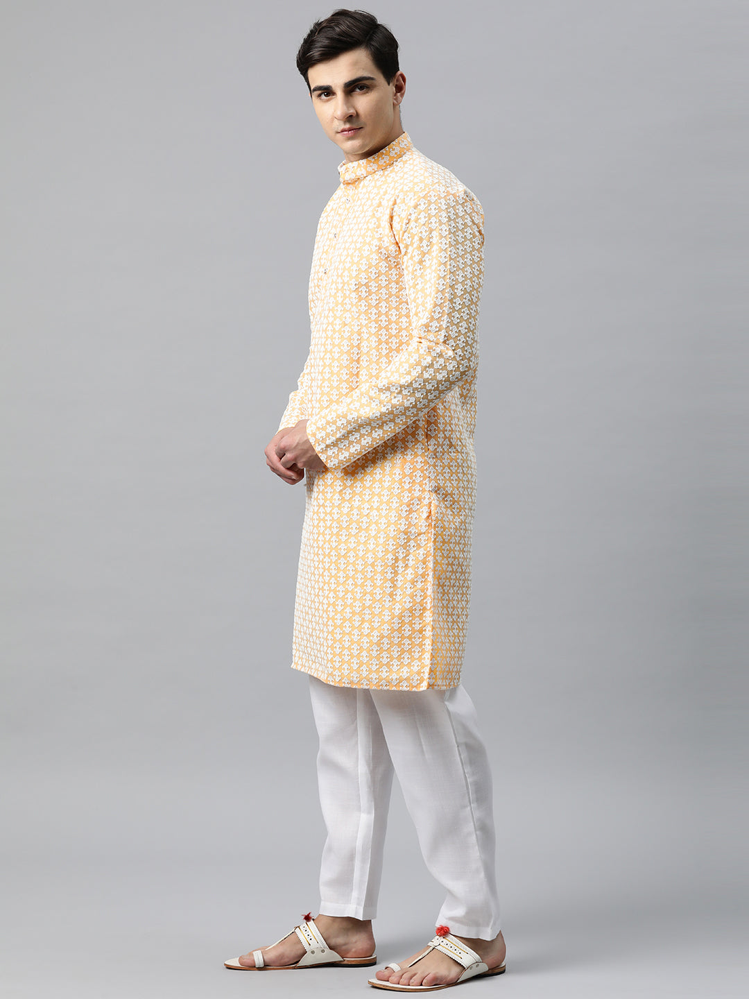 Luxrio Kurta for men Cotton Blend Long Printed Straight Fit Yellow