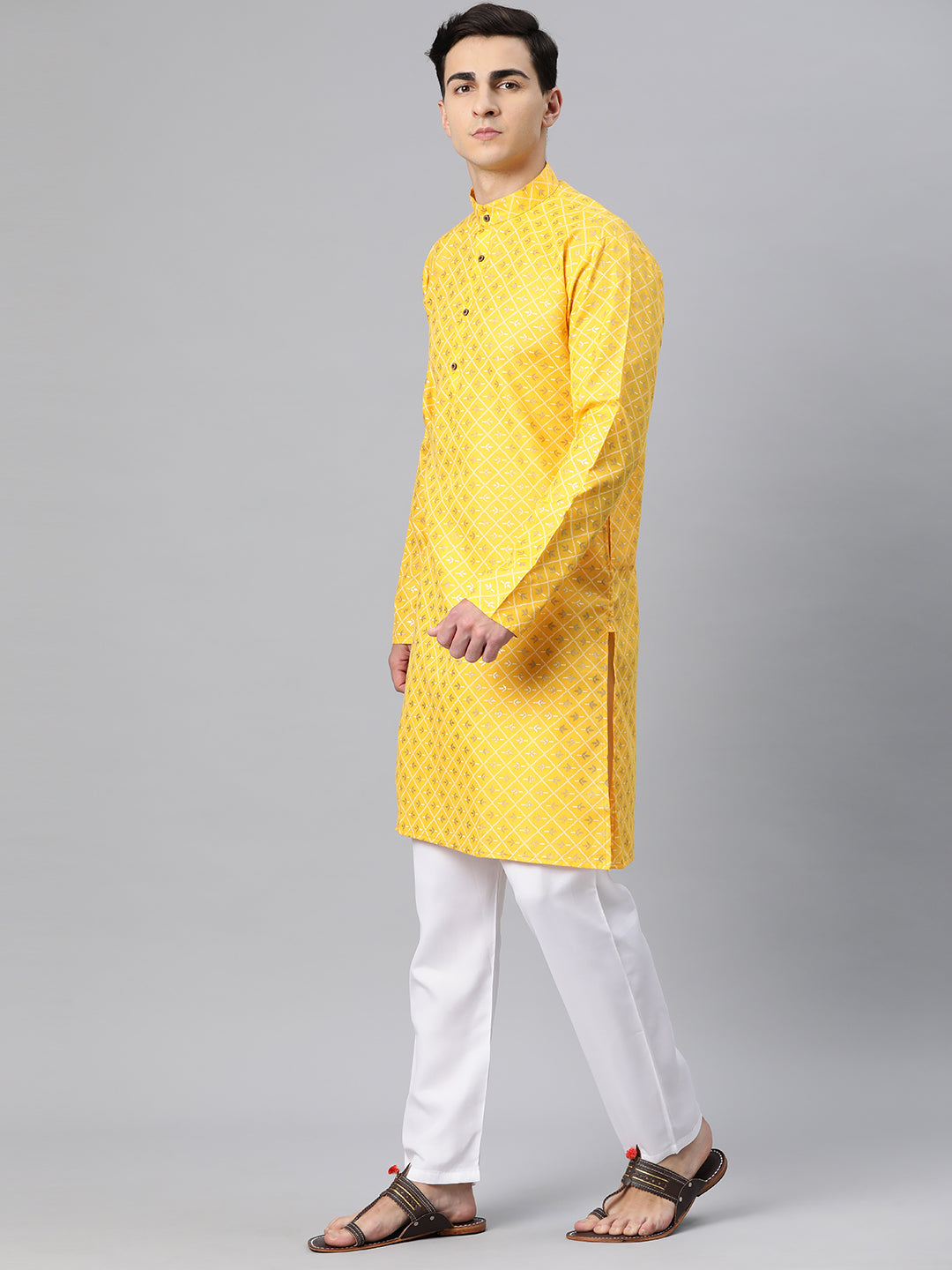 Luxrio Kurta for men Cotton Blend Long Printed Straight Fit  Yellow