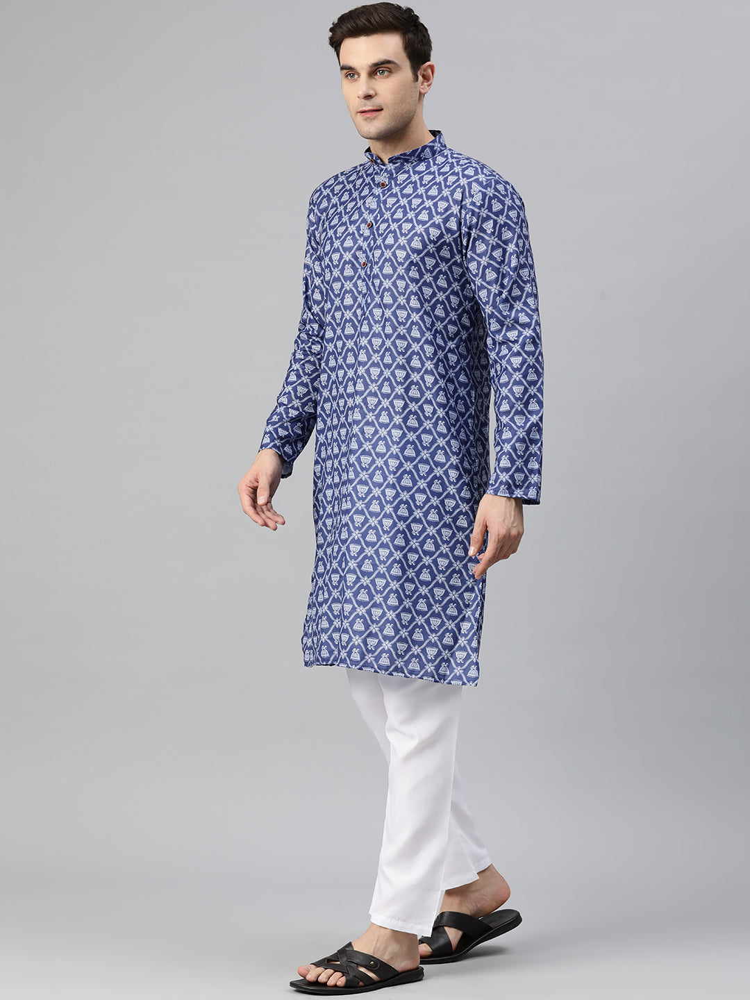 Luxrio Kurta for men Cotton Blend Long Printed Straight Fit Blue