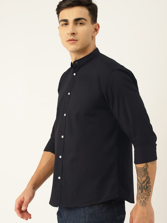 Luxrio Men's Solid Slim Fit Mandarin Collared Casual Shirt Black