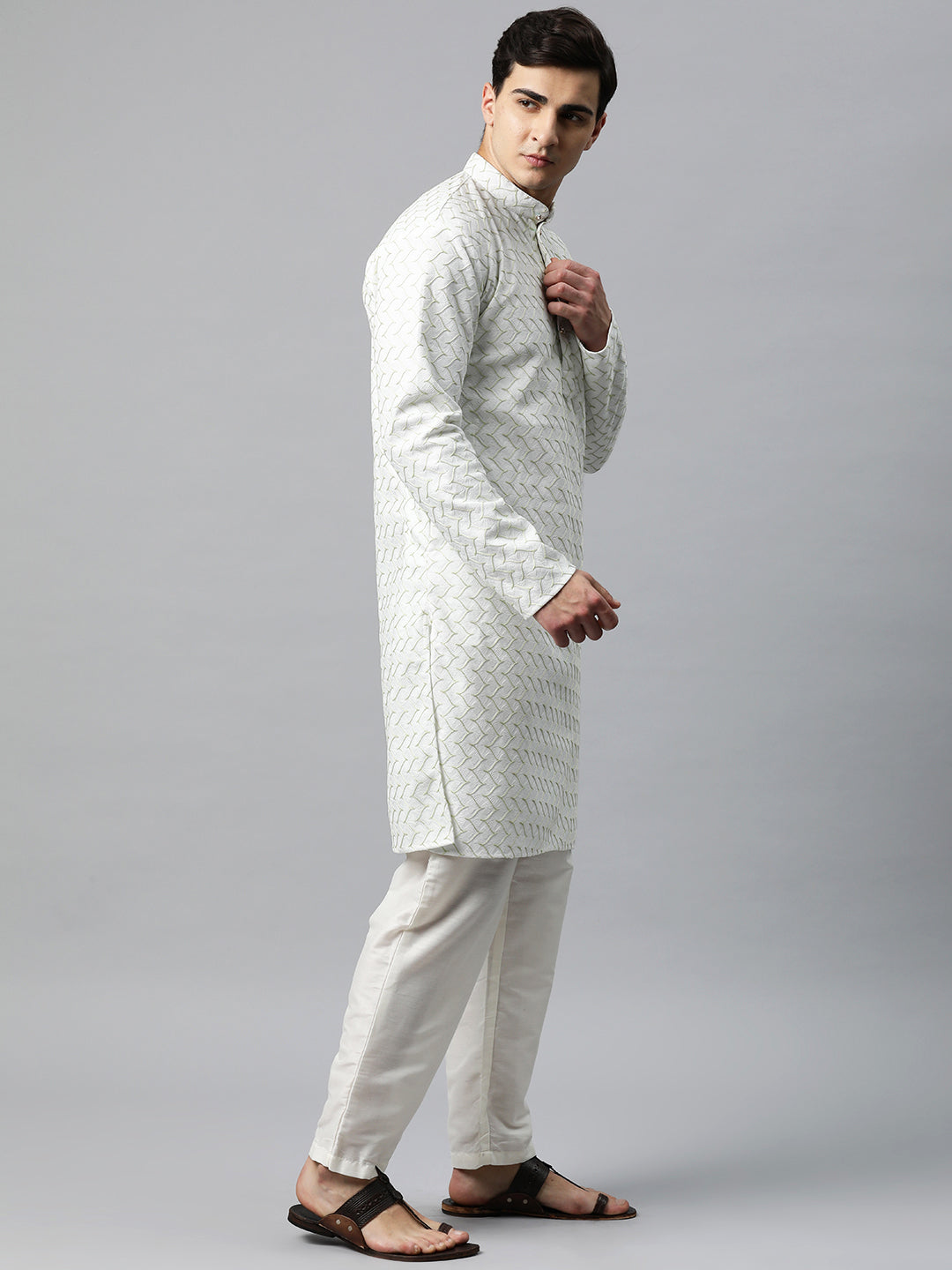 Luxrio Kurta for men Cotton Blend Long Printed Straight Fit White