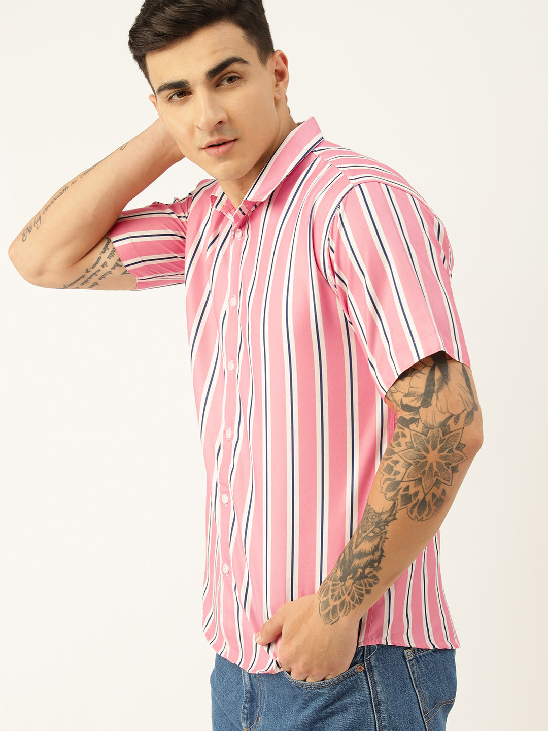 Luxrio Men's Stripped Half Sleeves Casual Shirt Pink